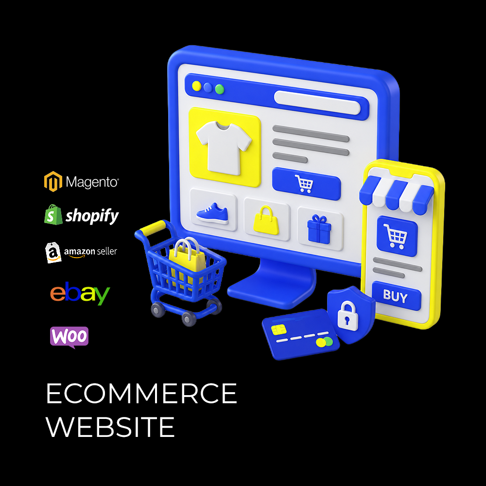 3D illustration of an eCommerce website displayed on desktop and mobile with shopping cart, secure payment, and online store features.