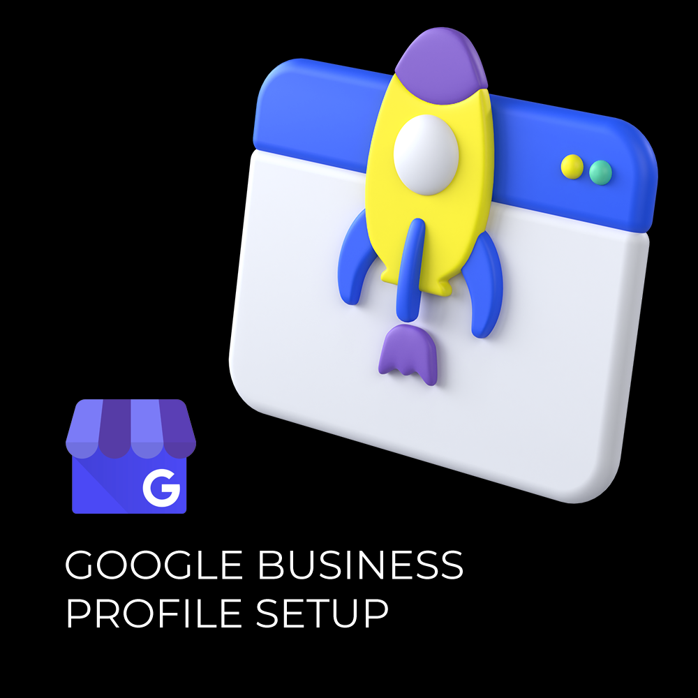 Google Business Profile setup and optimization service illustration with Google Maps, business listing, reviews, and local SEO icons.