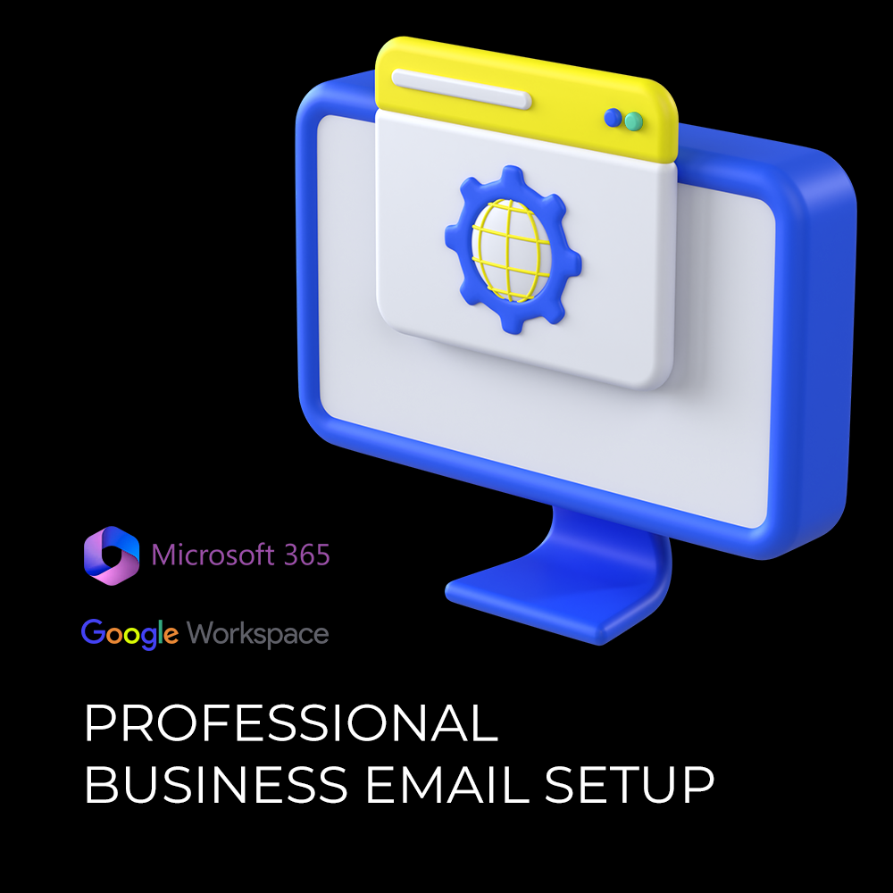 Professional business email setup illustration showing secure company email configuration across desktop and mobile devices.
