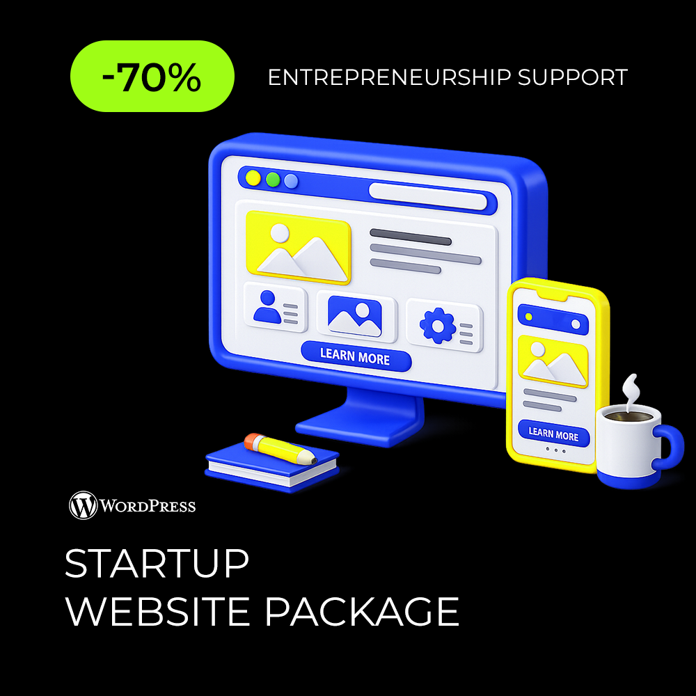 3D illustration of a startup business website displayed on desktop and mobile devices representing a professional 5-page website package.